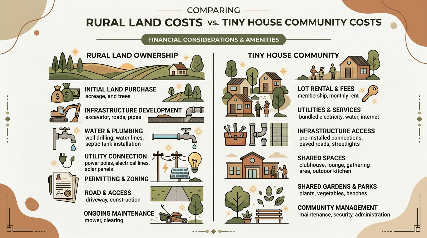 Infographic comparing rural land and tiny house community costs.