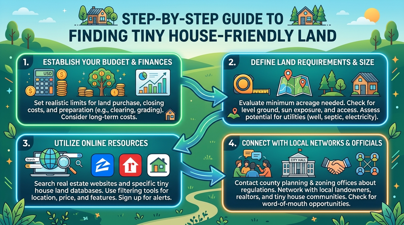 Infographic showing steps to find tiny house-friendly land.