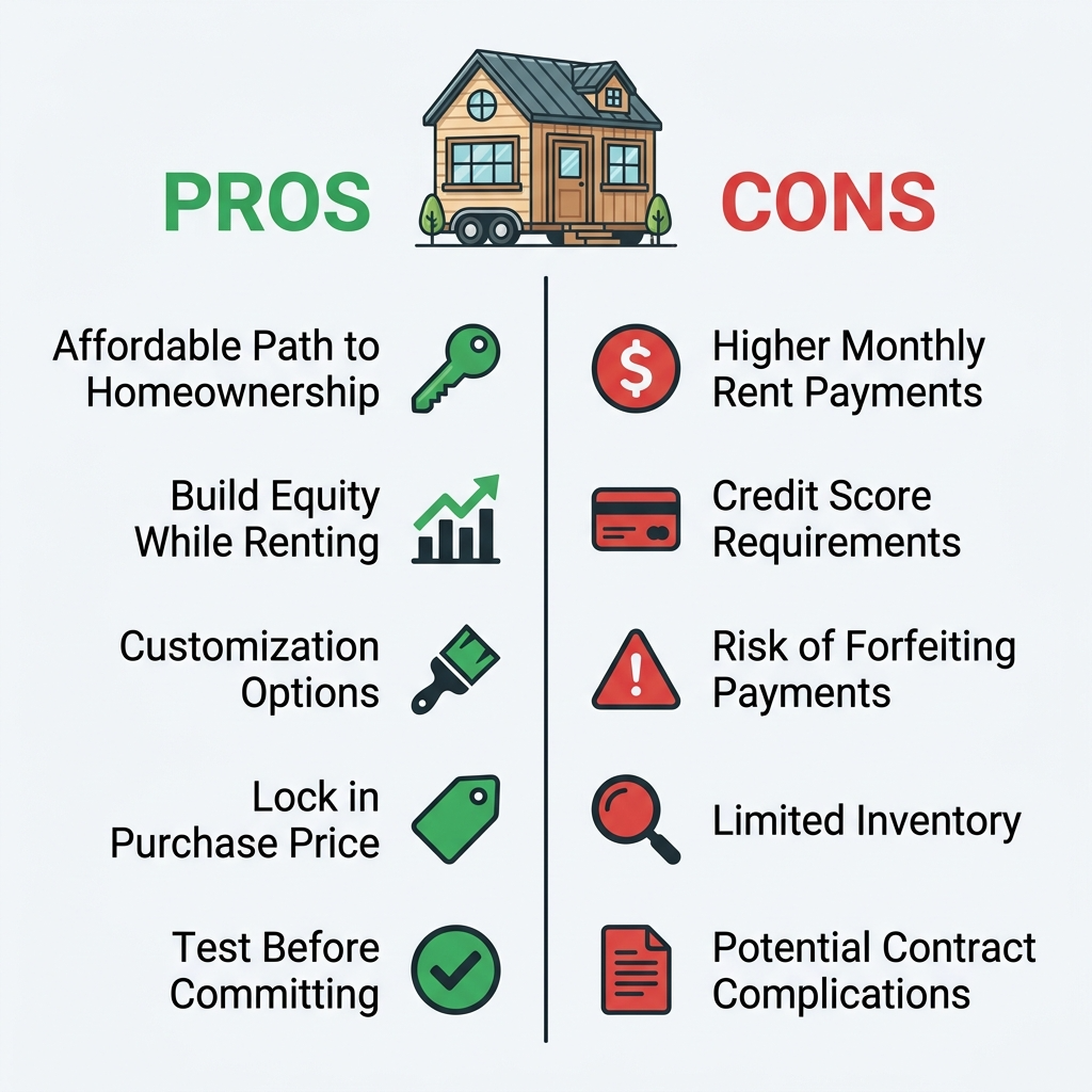 Infographic listing pros and cons of tiny house rent to own programs, including affordability and customization.