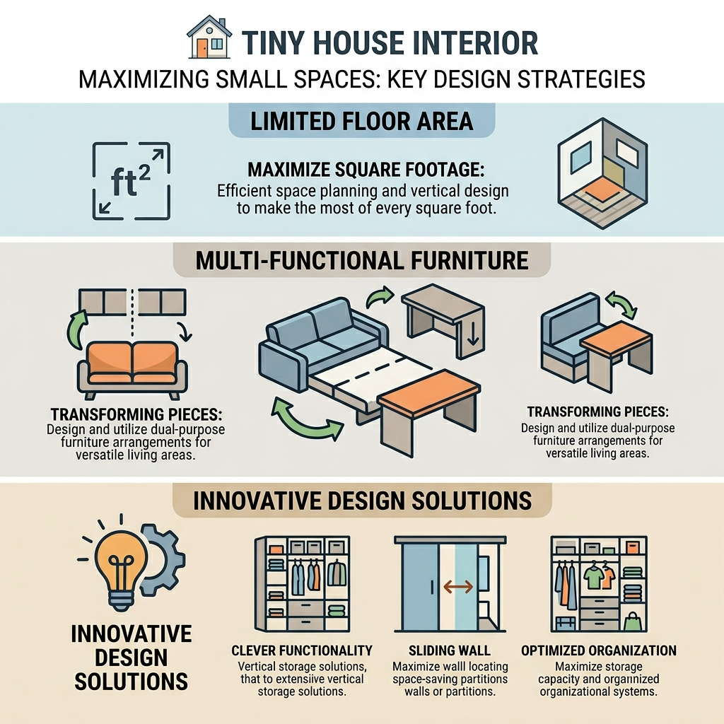 Infographic of tiny house interior design challenges and solutions.