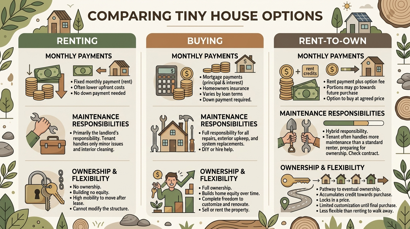 Infographic comparing renting, buying, and rent-to-own for tiny houses.