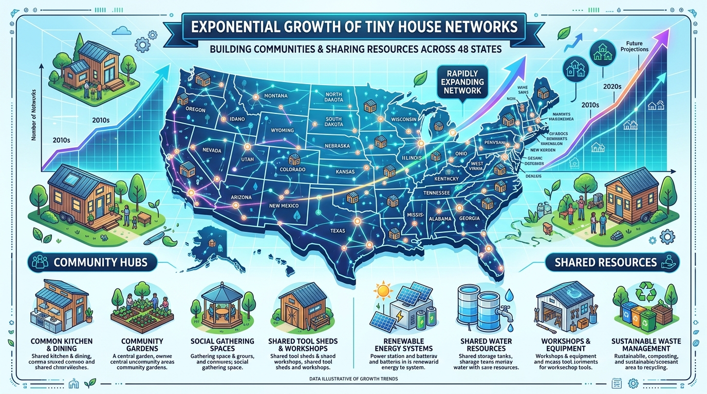 Infographic showing tiny house network growth across 48 states.