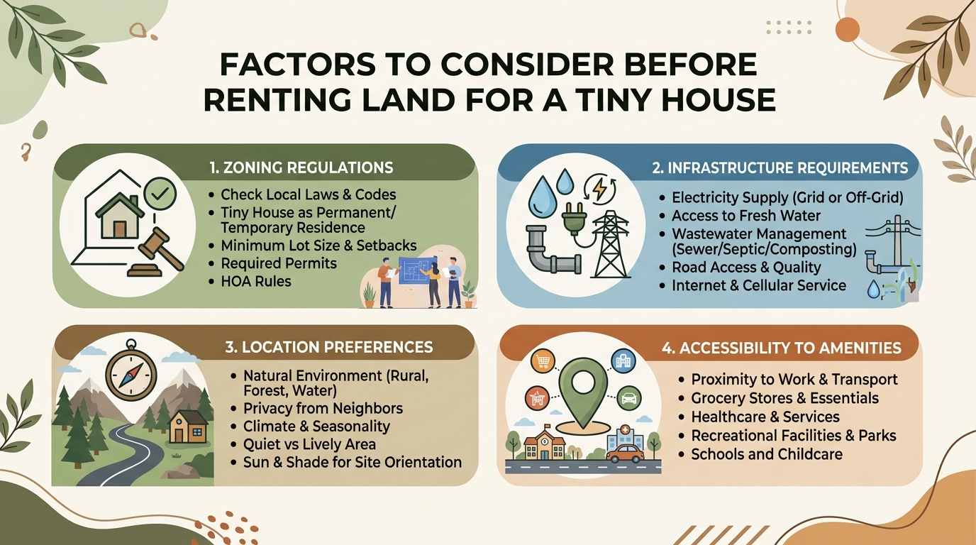Infographic on factors for renting tiny house land: zoning, infrastructure, location, amenities.