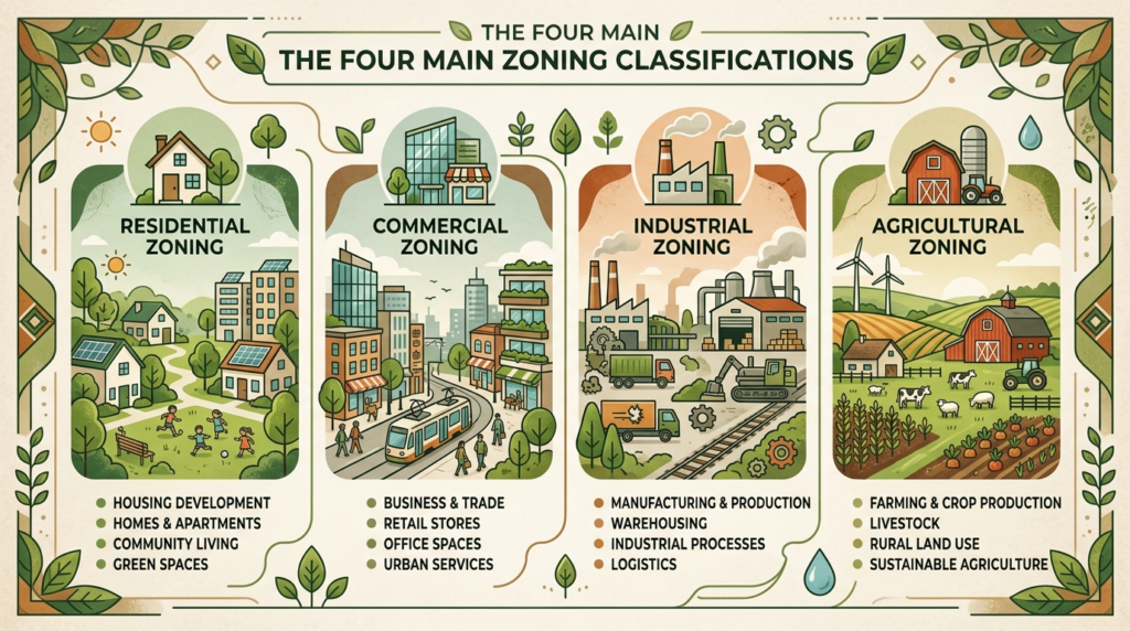 Infographic illustrating residential, commercial, industrial, and agricultural zoning classifications.