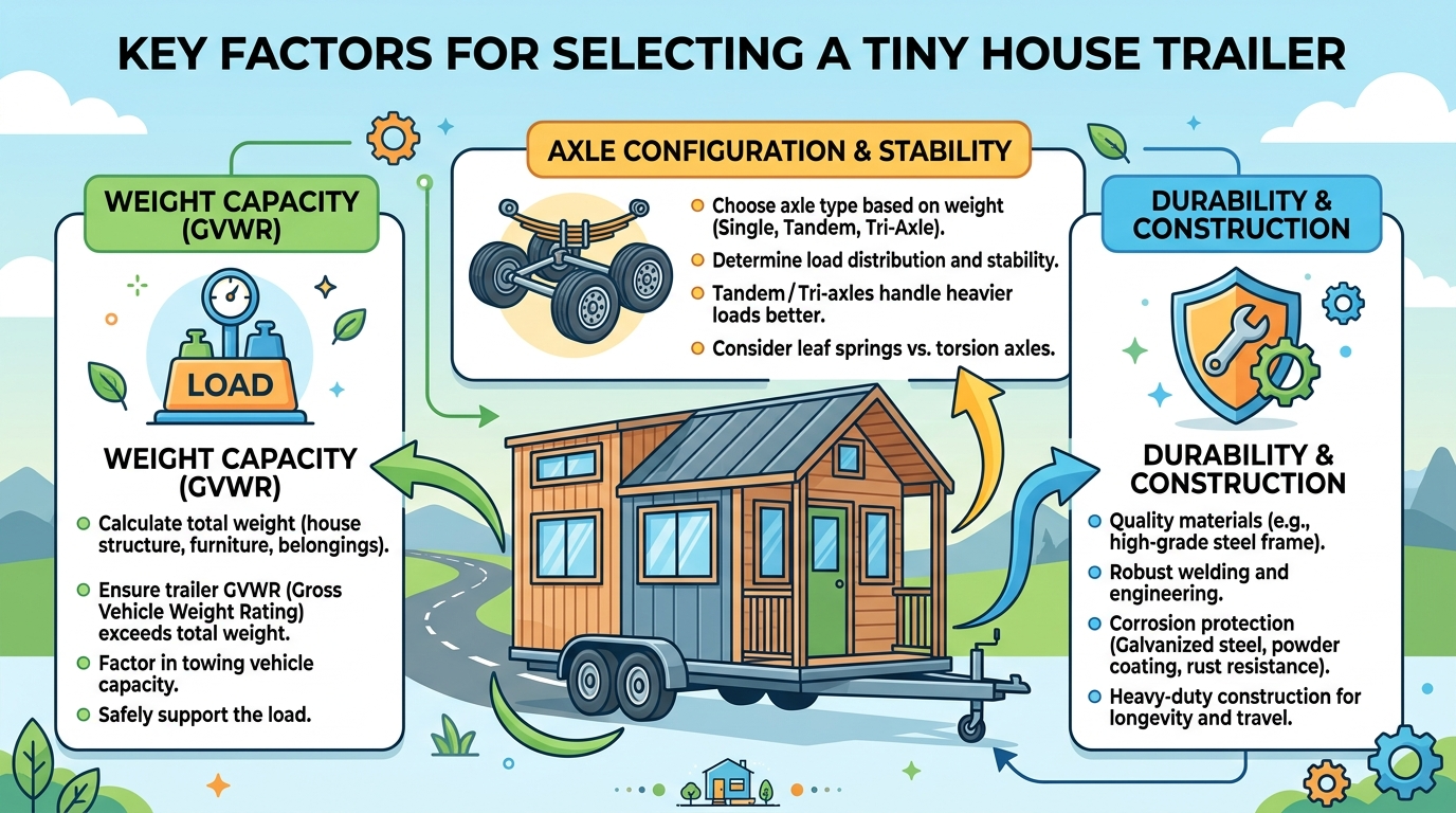 Infographic of key factors for selecting a tiny house trailer: weight, axle, durability.