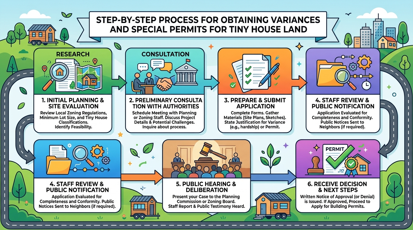 Infographic detailing the process of obtaining variances and permits for tiny house land.