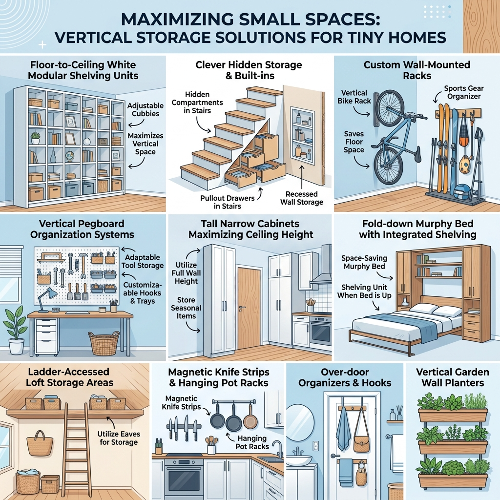 Infographic of vertical storage ideas for tiny house interiors.