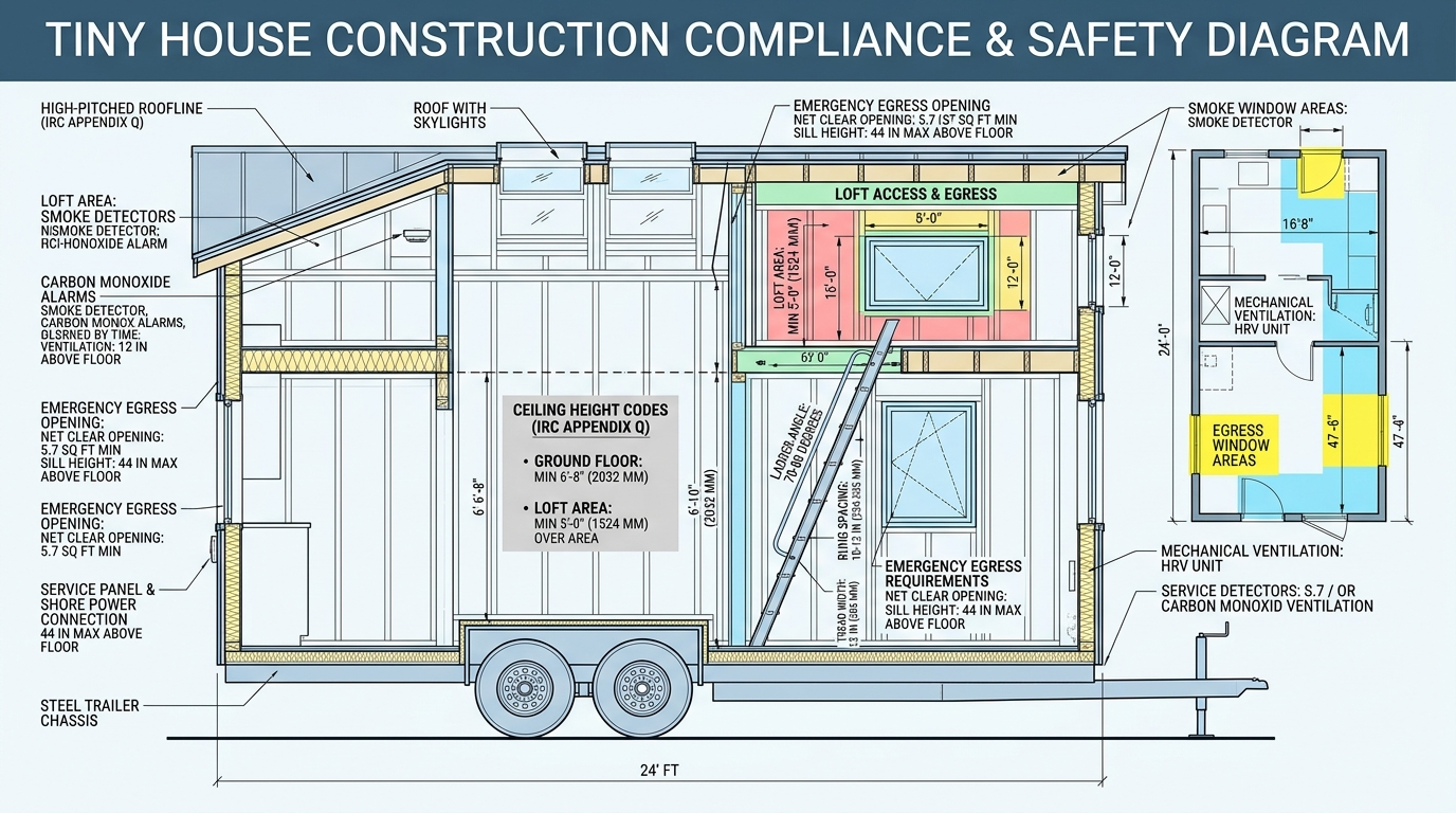 Detailed architectural diagrams of compact home construction, showcasing building codes and regulations. Clean, technical illustrations in a muted color palette, rendered with precise linework and subtle shadows to convey a sense of technical proficiency. The foreground features a cutaway view of a tiny house structure, highlighting the key structural elements and material specifications. The middle ground presents a series of annotated floor plans and elevation drawings, while the background depicts a grid of isometric building schematics. The overall mood is one of informative clarity, guiding the viewer through the intricacies of tiny house construction within the constraints of relevant building codes.