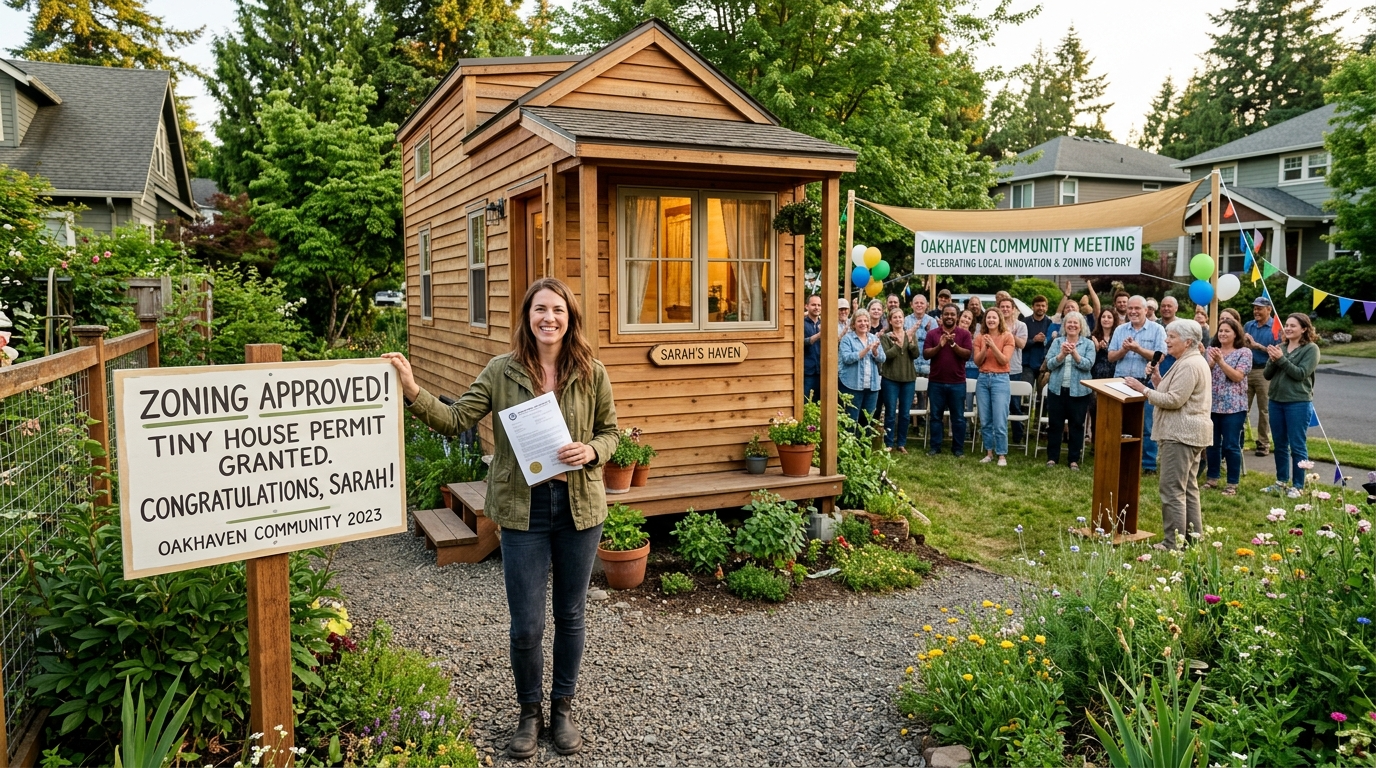 Sarah standing by her tiny house after overcoming zoning challenges, with community support visible.