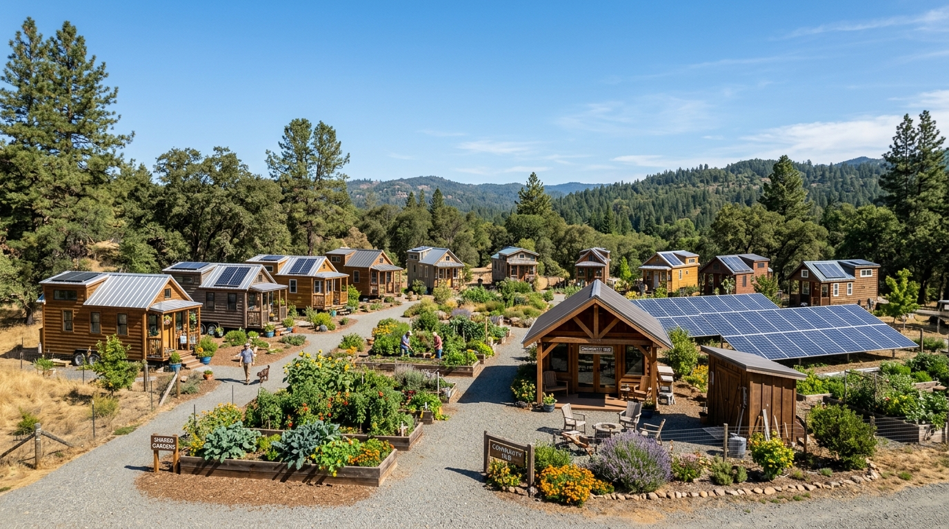 Nevada County tiny house cooperative with gardens and solar panels.