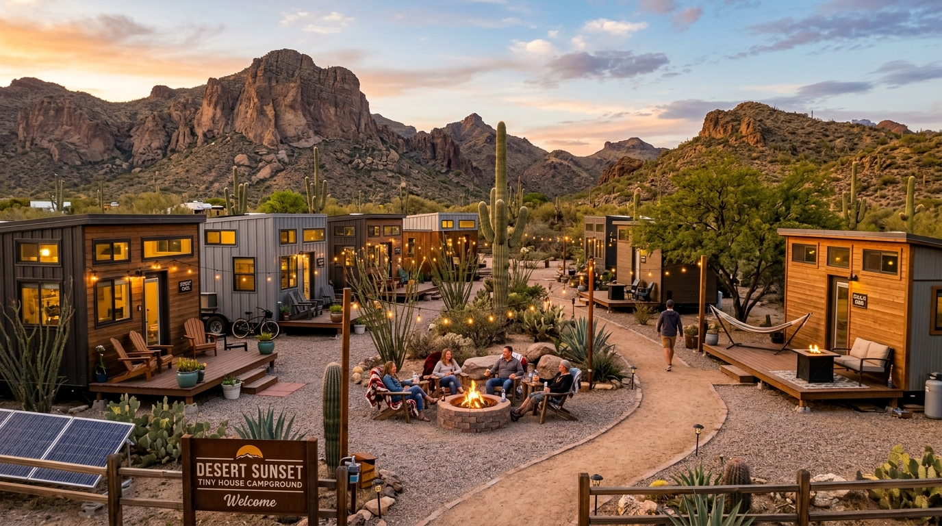 Arizona campground with tiny vacation rentals and desert scenery.