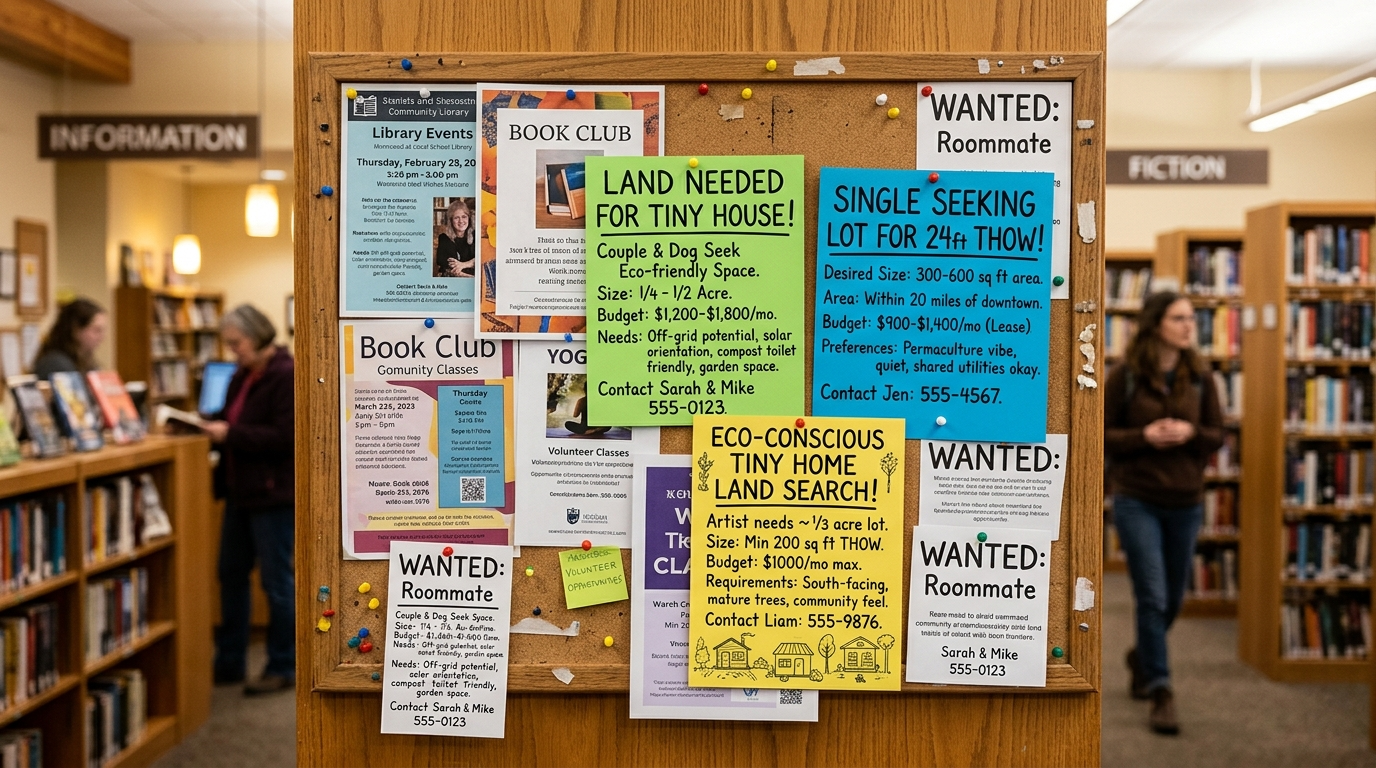 Community board with flyers for tiny house land needs.