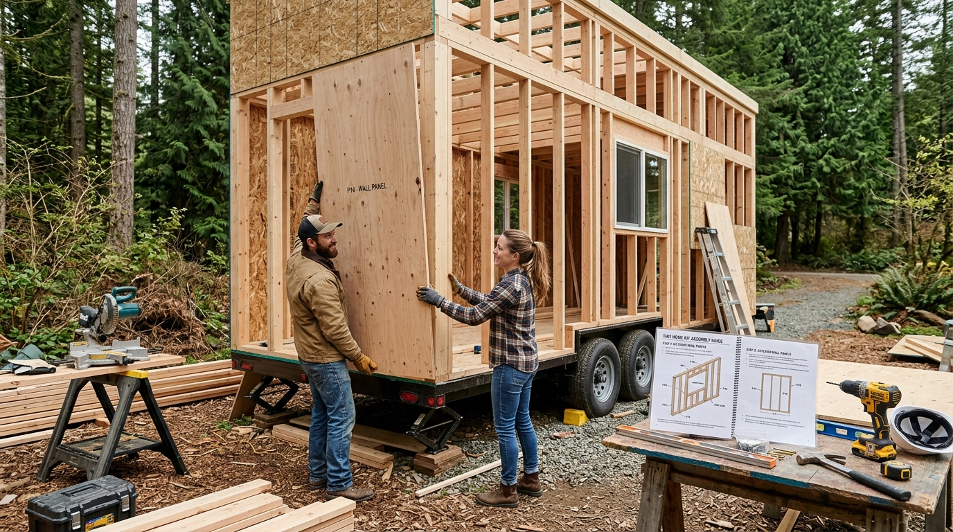 Couple assembling a tiny house kit with pre-cut panels and a step-by-step guide in a natural setting.