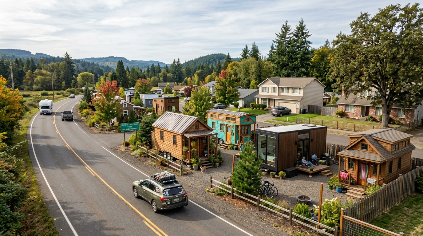 Cluster of tiny houses between suburban homes during a road trip.