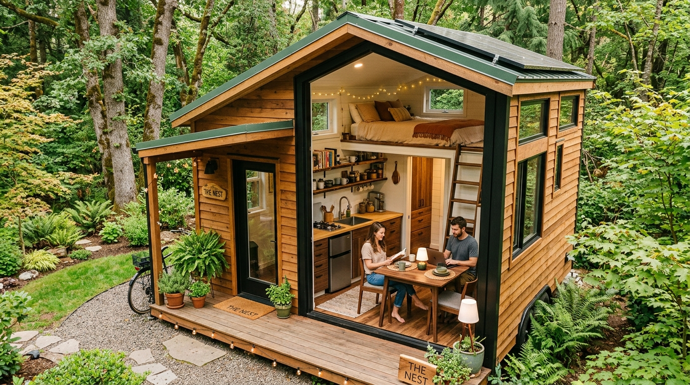 Customized tiny house plan with workspace, lofted bedroom, and minimalist storage solutions.