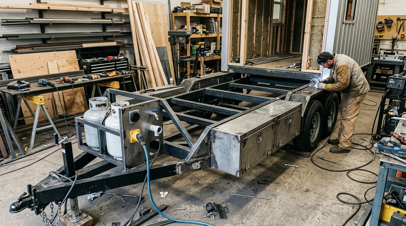 Customized tiny house trailer with reinforcements, storage, and utility hook-ups in a workshop.
