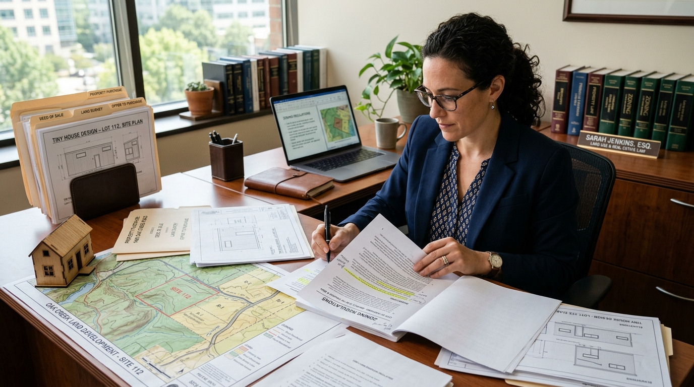 Lawyer reviewing real estate documents and zoning regulations for tiny house land purchase.
