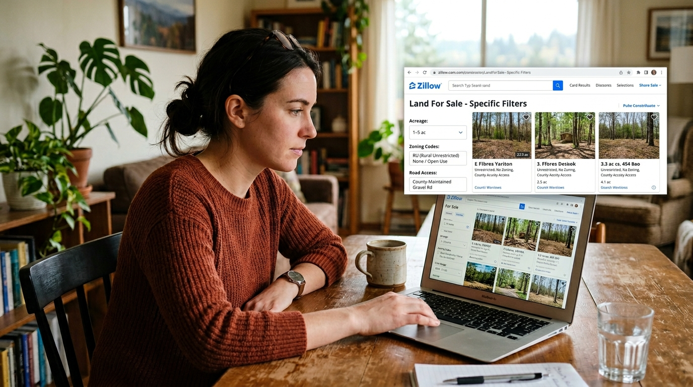 Person searching for tiny house land on Zillow and LandWatch.