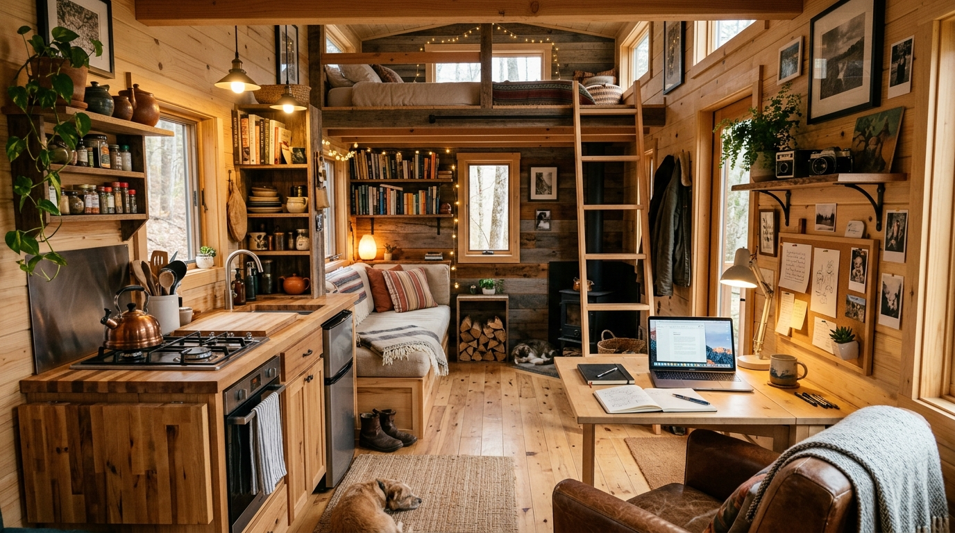 Customized tiny house interior with desk, reading nook, and compact kitchen, tailored for personal needs.