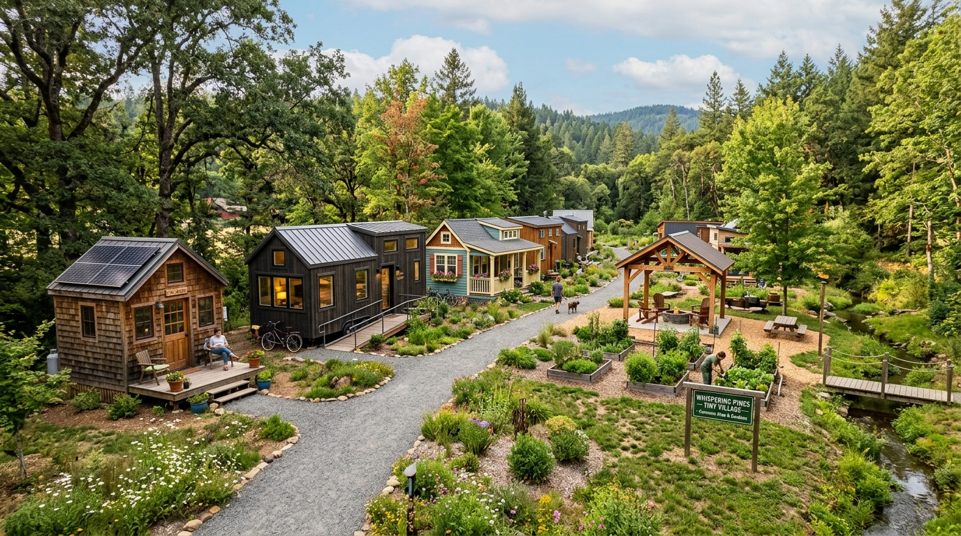 Tiny house community with diverse homes surrounded by trees and accessible amenities.