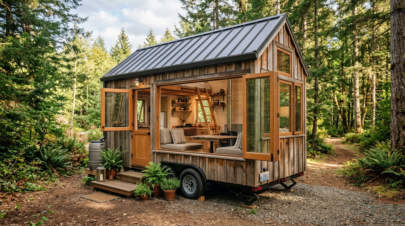 Rustic tiny house on wheels in a forest clearing with multifunctional design.
