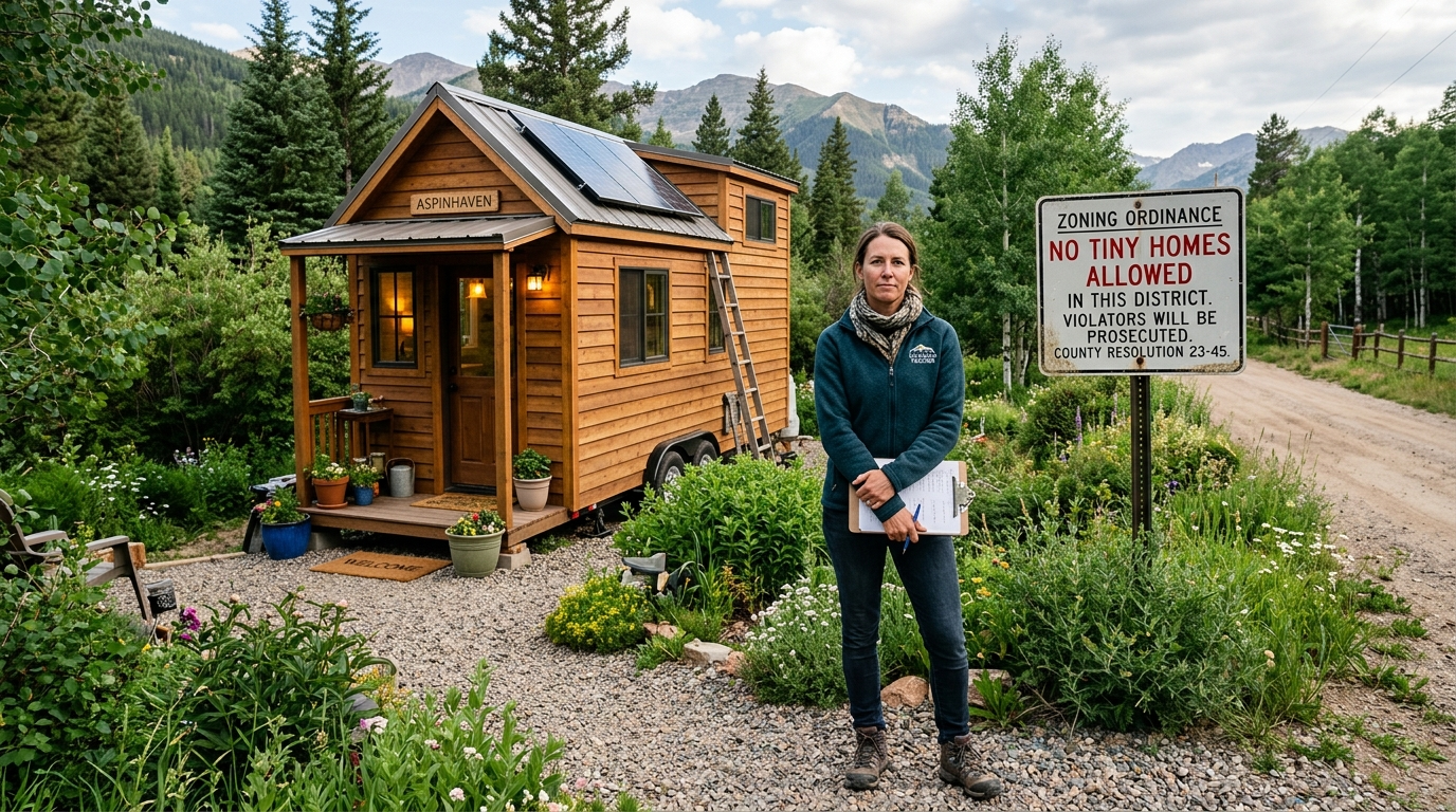 Teacher standing by tiny house with zoning restriction sign in Colorado.