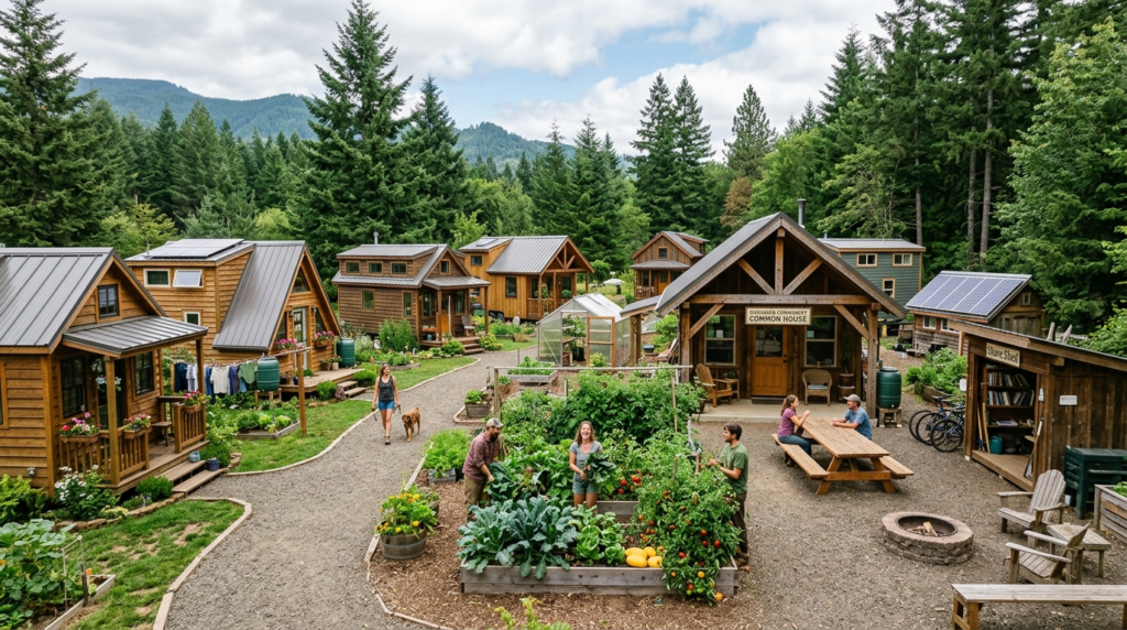 Tiny house community in Oregon with creative layouts and shared resources.