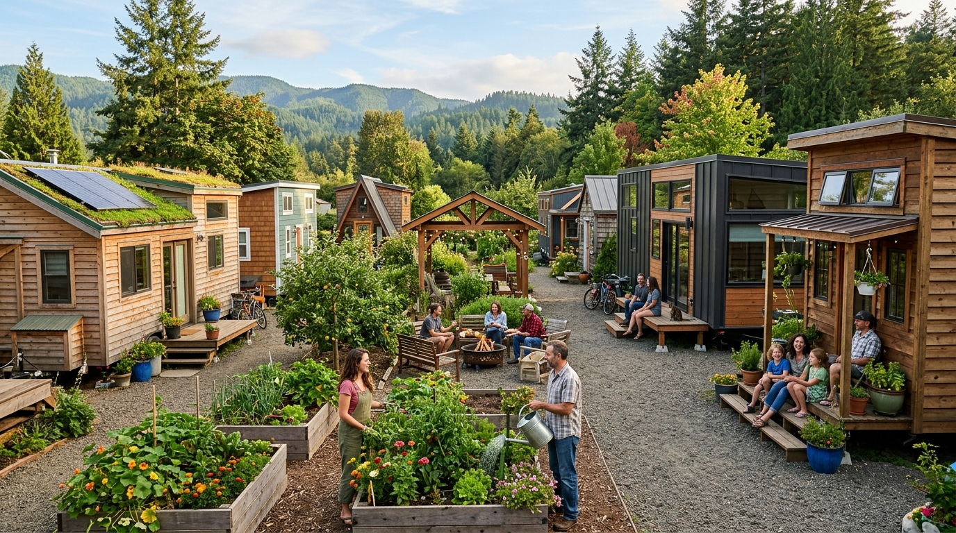 Tiny house community with diverse designs and people enjoying a sustainable lifestyle in a natural setting.