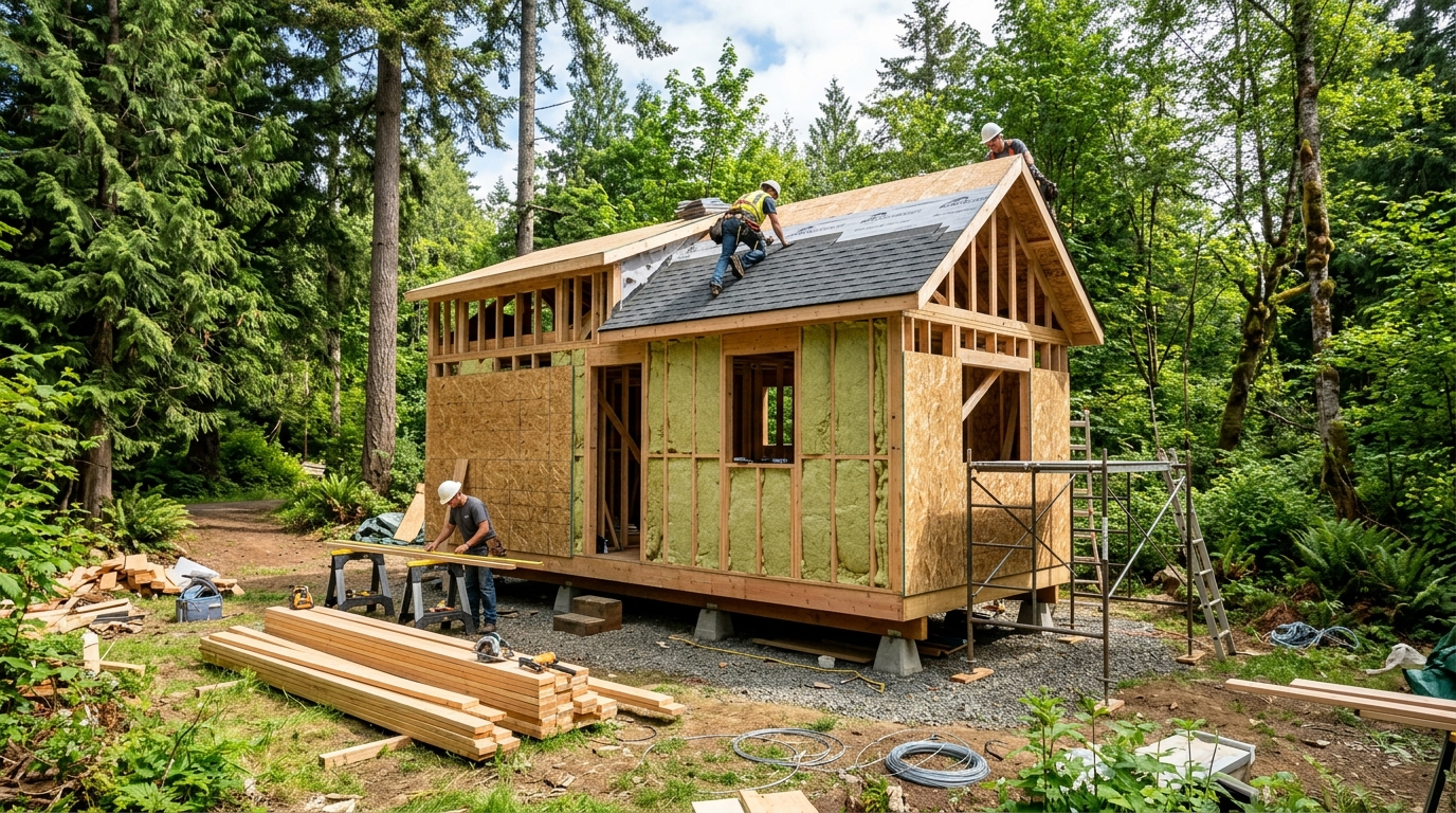 Tiny house under construction with visible frame, roofing, and insulation in a natural setting.