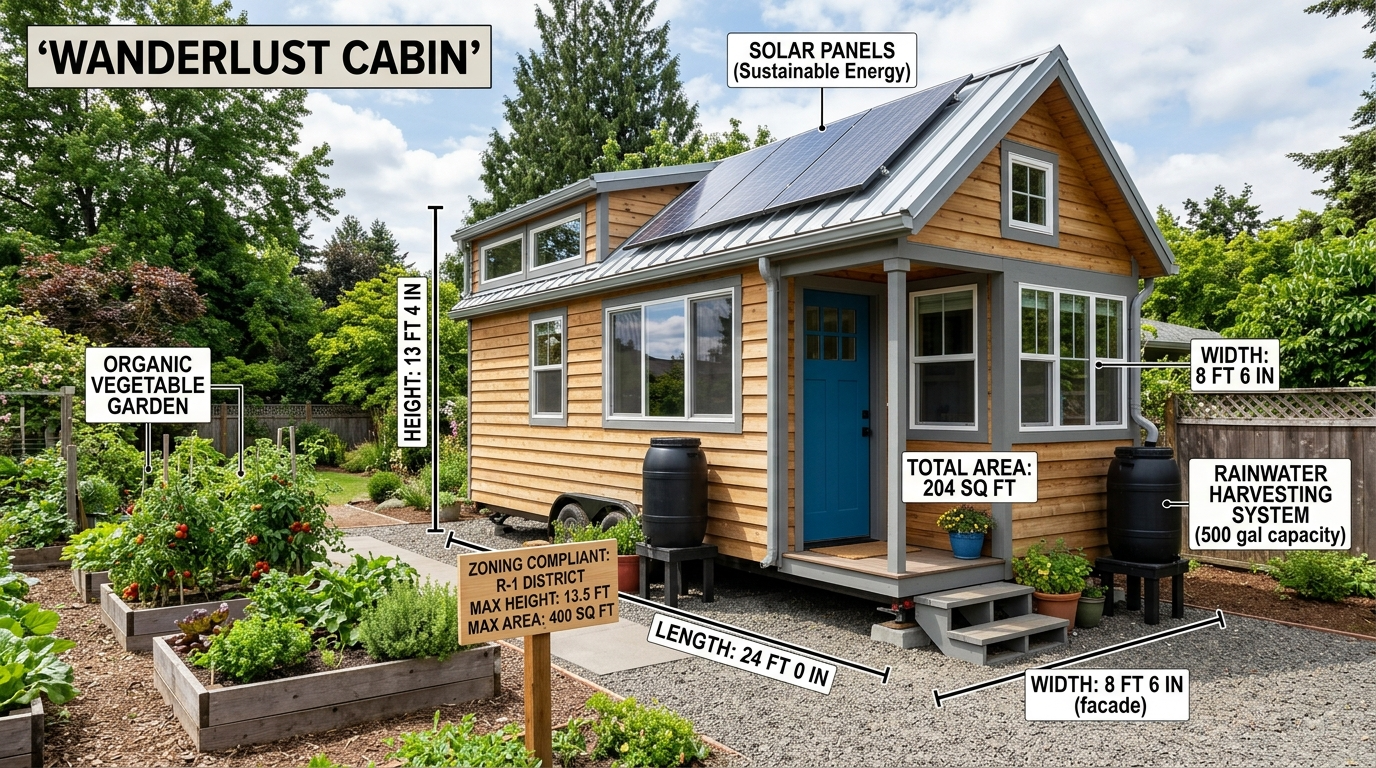 Tiny house exterior with labeled dimensions, garden, solar panels, and rainwater collection system.