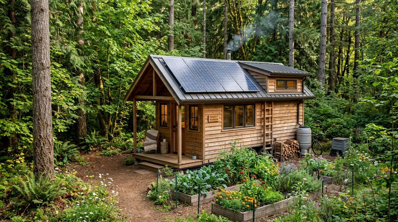 Tiny house in wooded retreat with solar panels and garden.