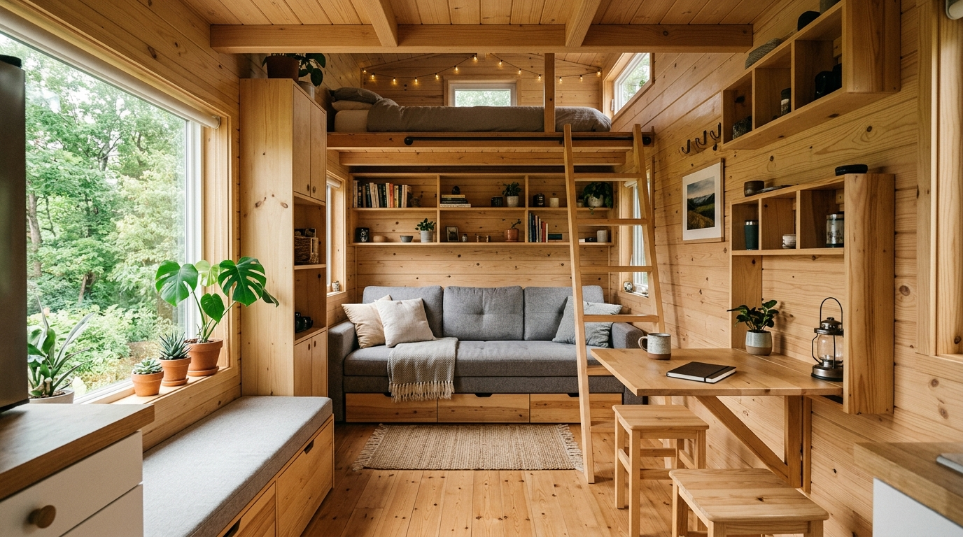 Tiny house interior with multi-functional furniture and natural wood accents.