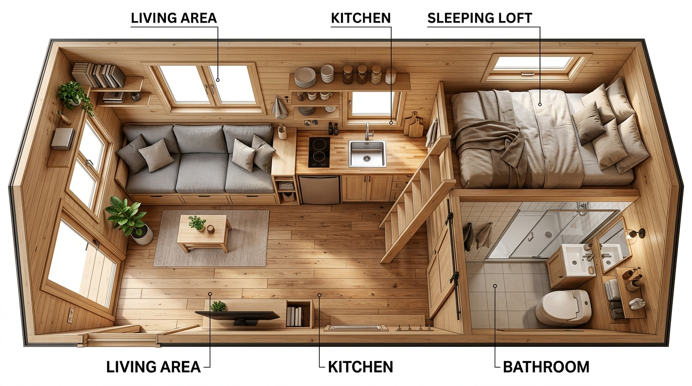 Tiny house floor plan with living area, kitchen, bathroom, and loft, emphasizing efficient space use.
