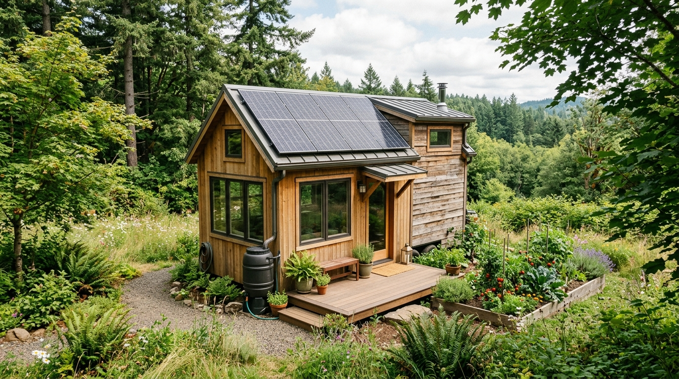Tiny house kit with eco-friendly features like solar panels and sustainable materials surrounded by greenery.