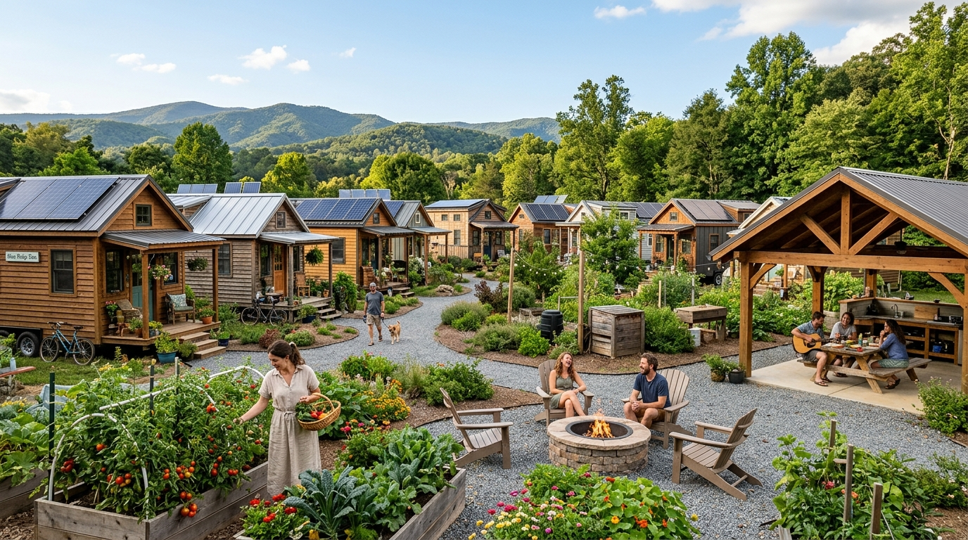 Tiny house neighborhood in Asheville with solar panels and gardens.