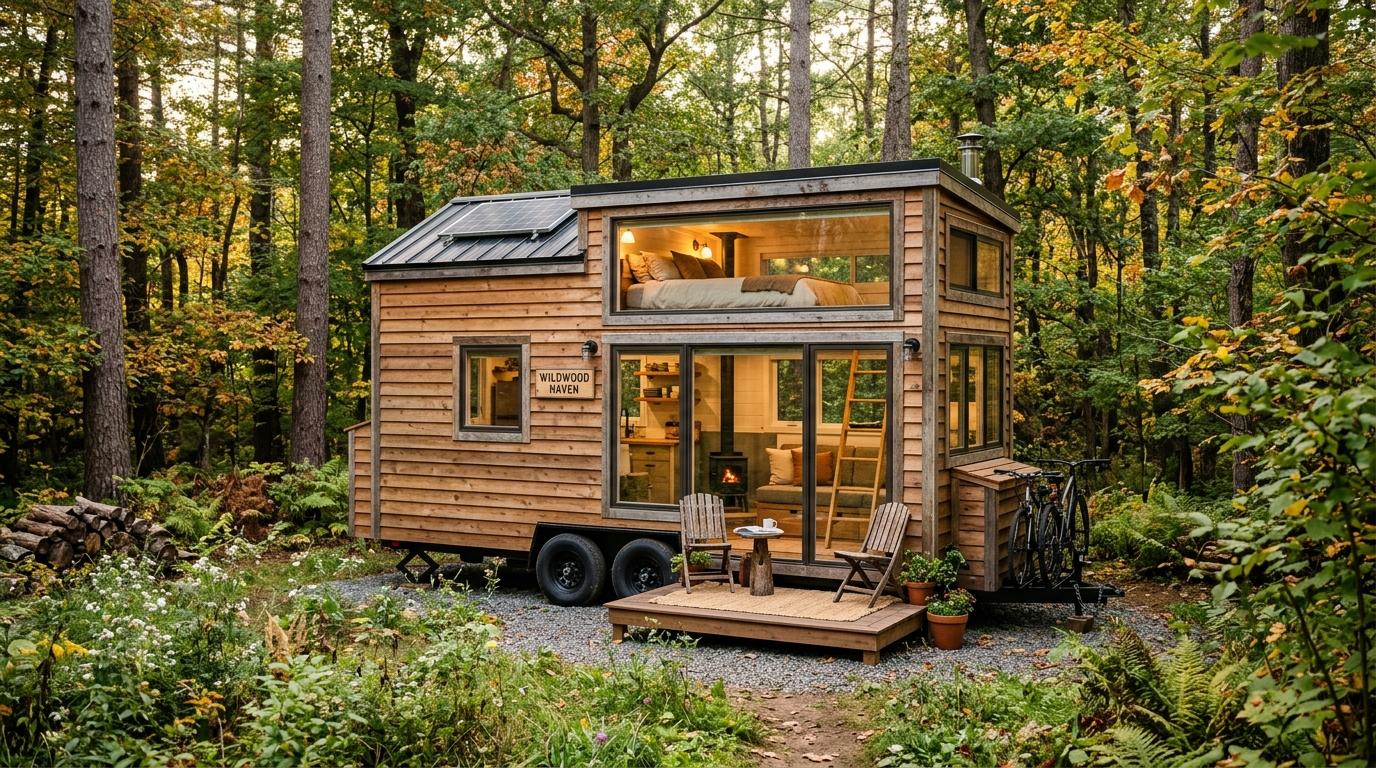 Tiny house on wheels in a forest clearing with lofted sleeping area and large windows.