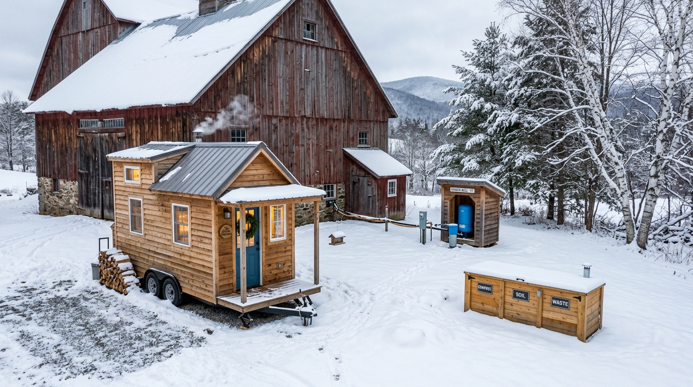 Tiny house beside a barn in Vermont with composting and shared water.