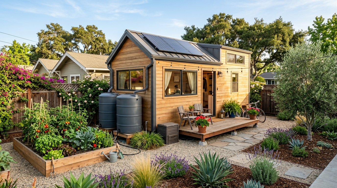 Tiny house in a California backyard with a vegetable garden and rainwater tanks.