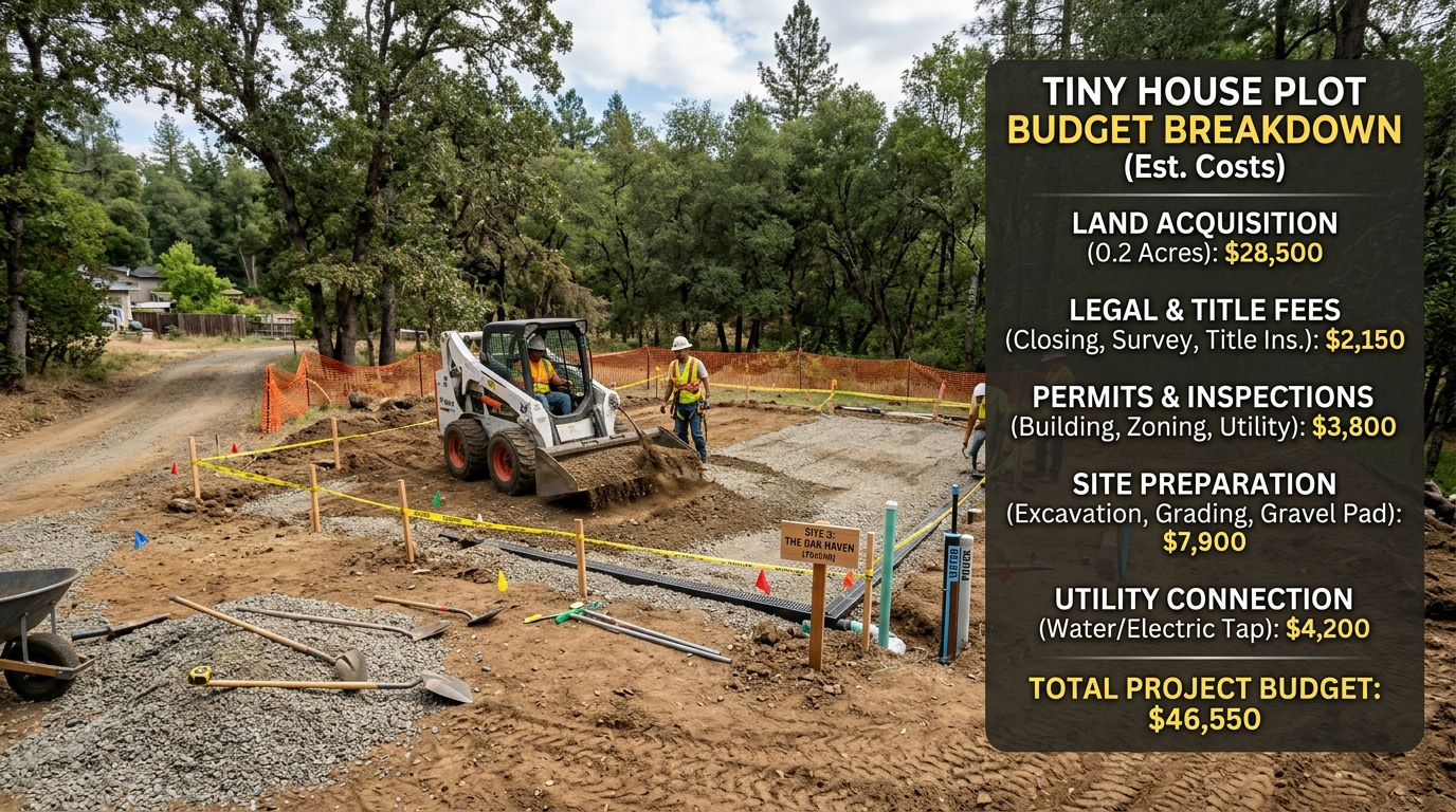 Tiny house plot preparation with budget breakdown overlay.