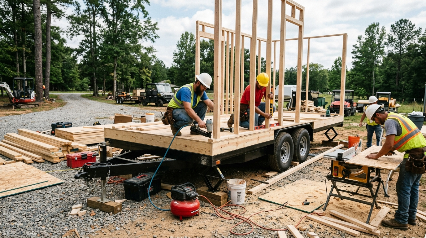 Tiny house trailer foundation preparation with framing and subflooring being secured.
