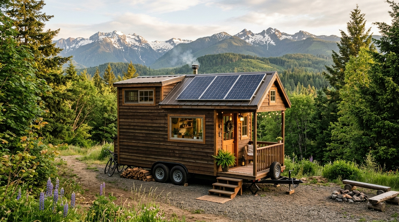 Tiny house trailer in a scenic rural area with a wooden tiny house and solar panels.
