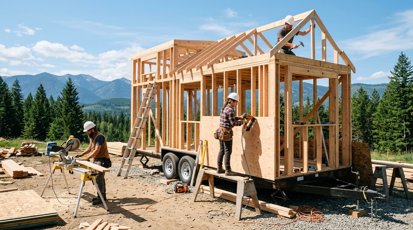 Tiny house under construction with wooden frame and tools in a natural setting.