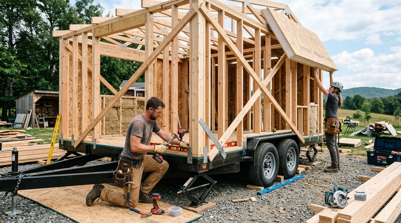 Tiny house under construction with sustainable materials on a trailer chassis.