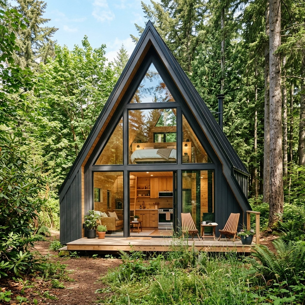 Avrame Trio 120 tiny house kit with A-frame design and large windows in a forest clearing.