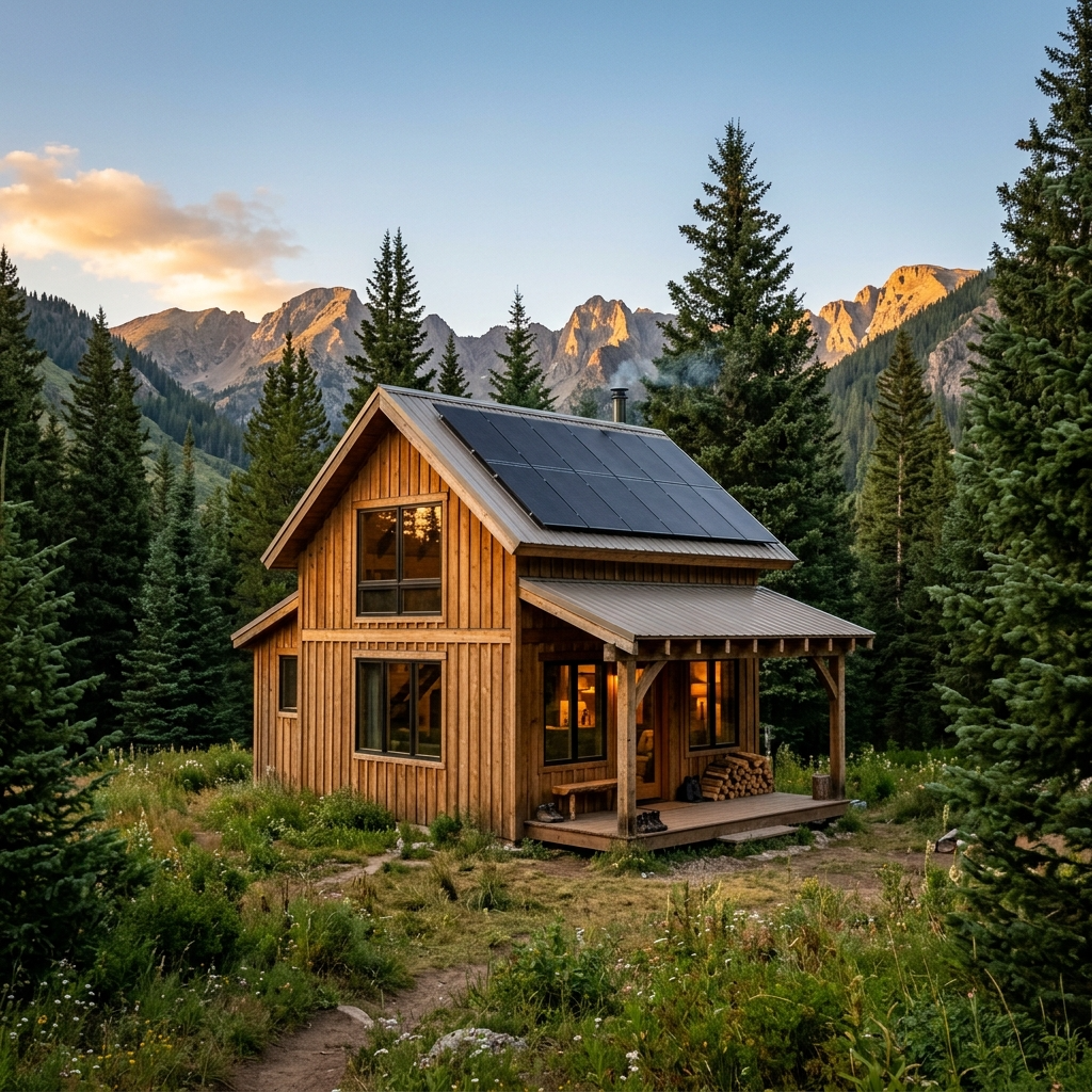 Backcountry Hut Company Frontier kit with rustic design and solar panels in an off-the-grid setting.
