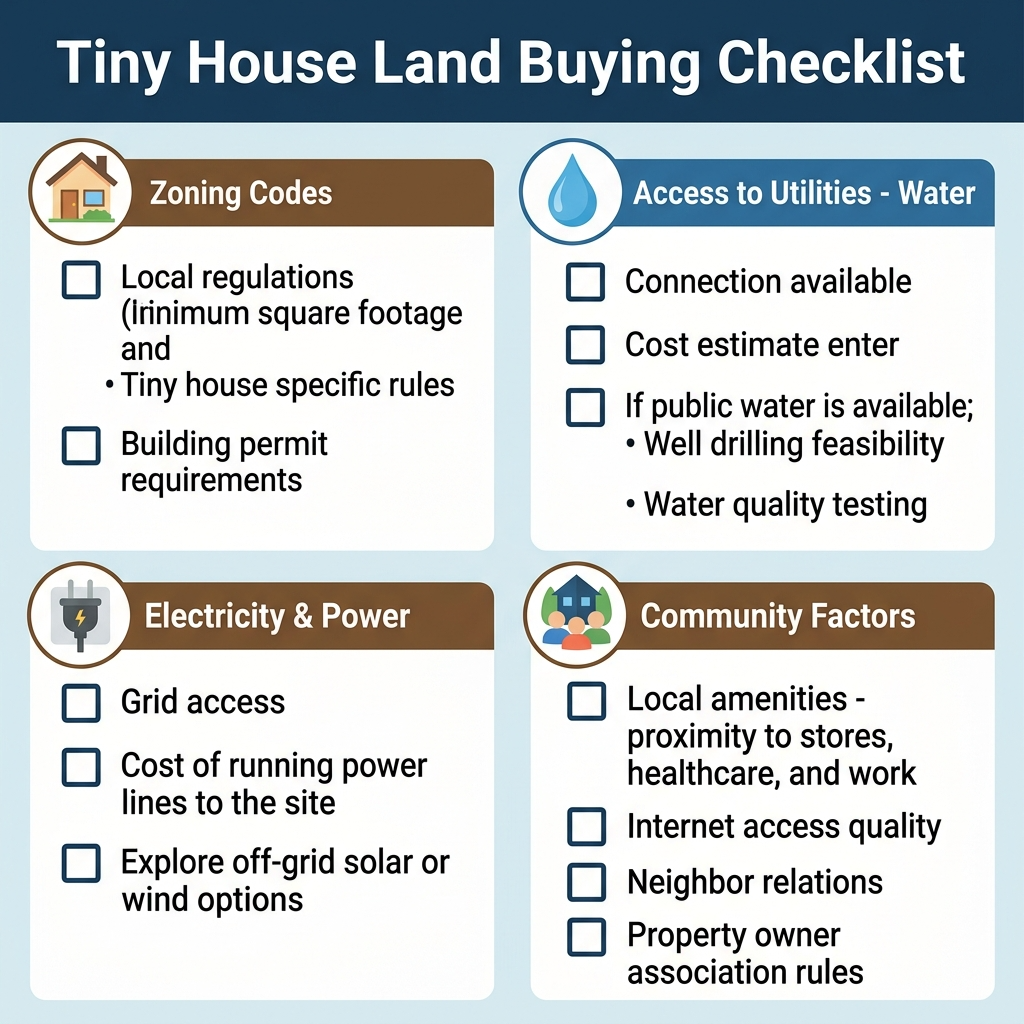 Checklist infographic for buying land for a tiny house with zoning, utilities, and community icons.