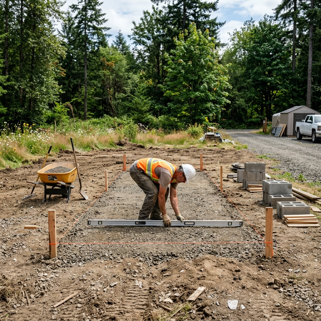 Cleared land with a trailer foundation being prepared for a tiny house shell.