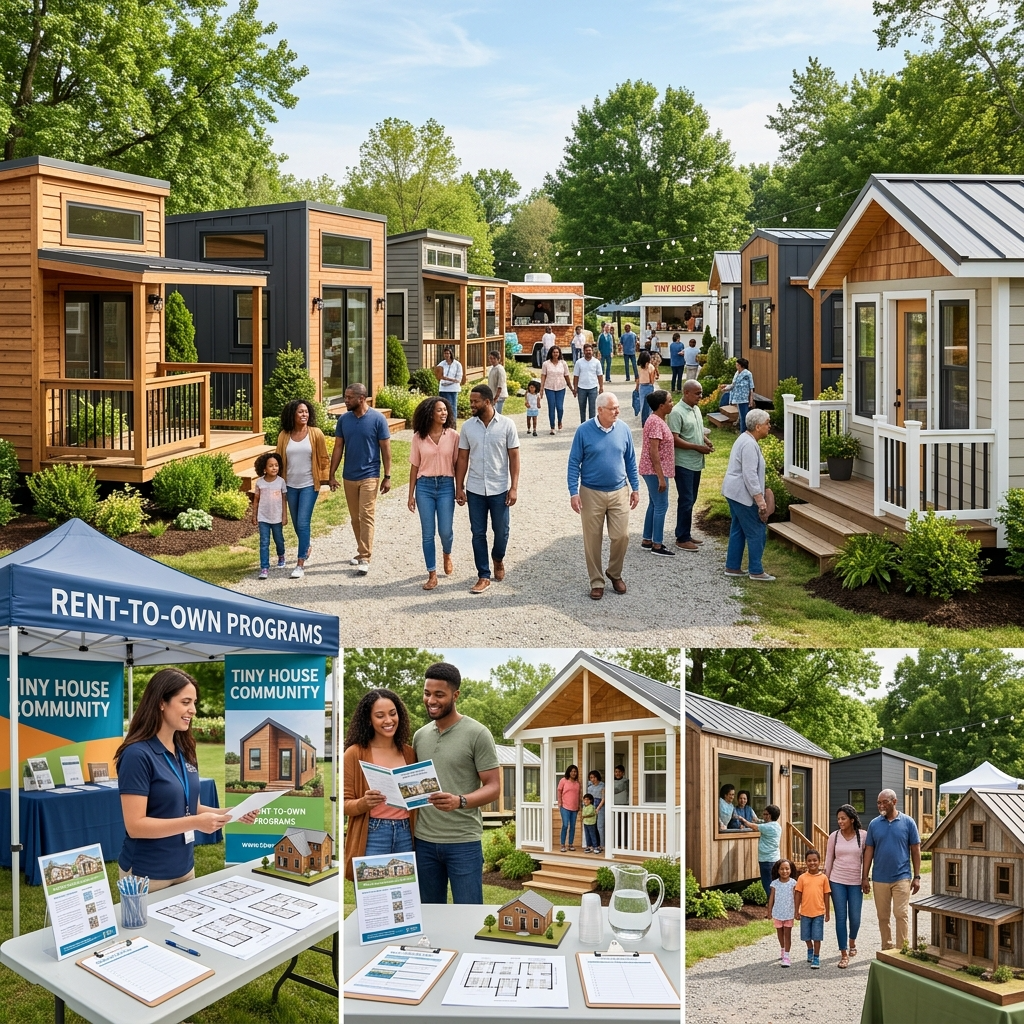 Community event showcasing tiny houses with informational booths and people networking.
