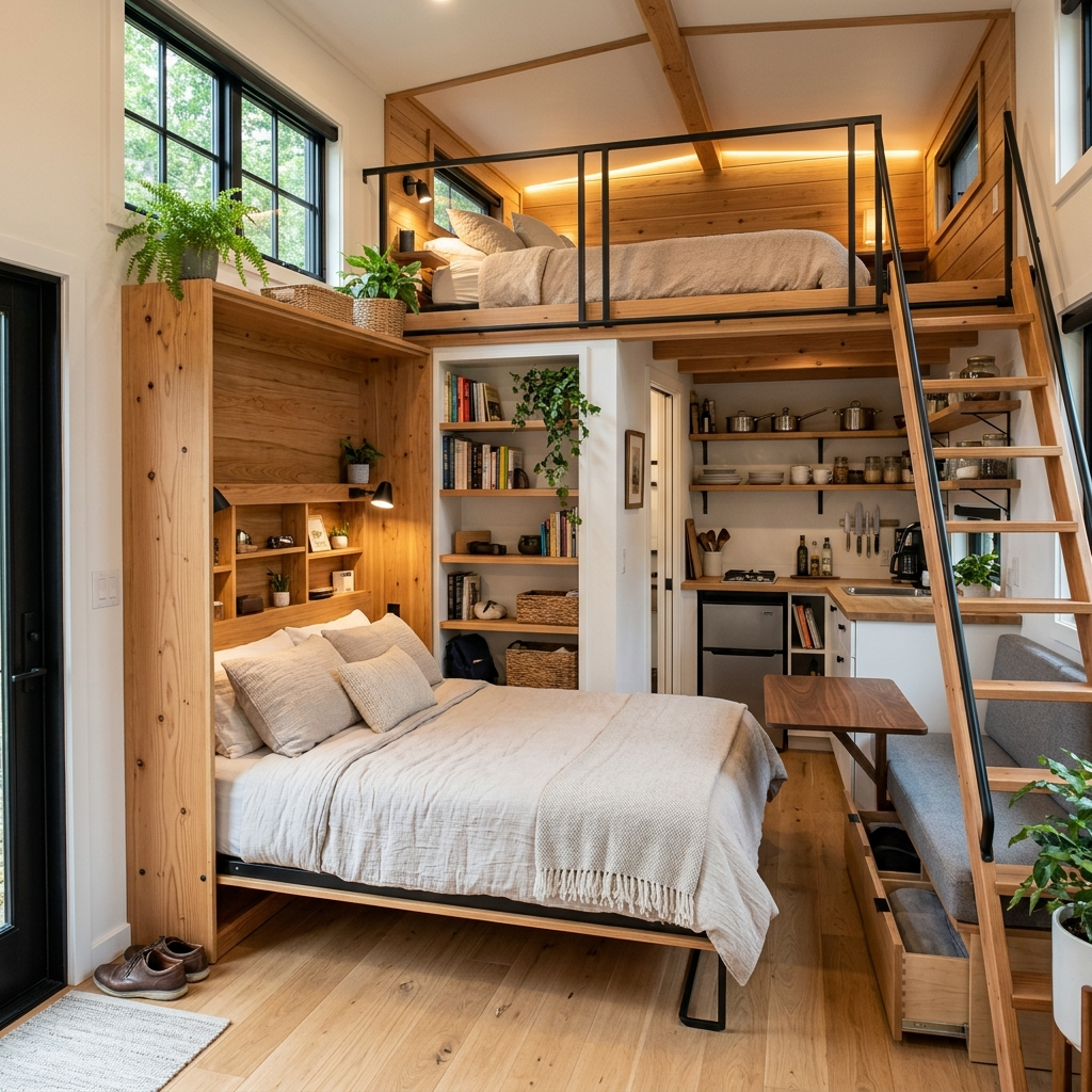 Compact tiny house interior with multifunctional furniture and loft space.