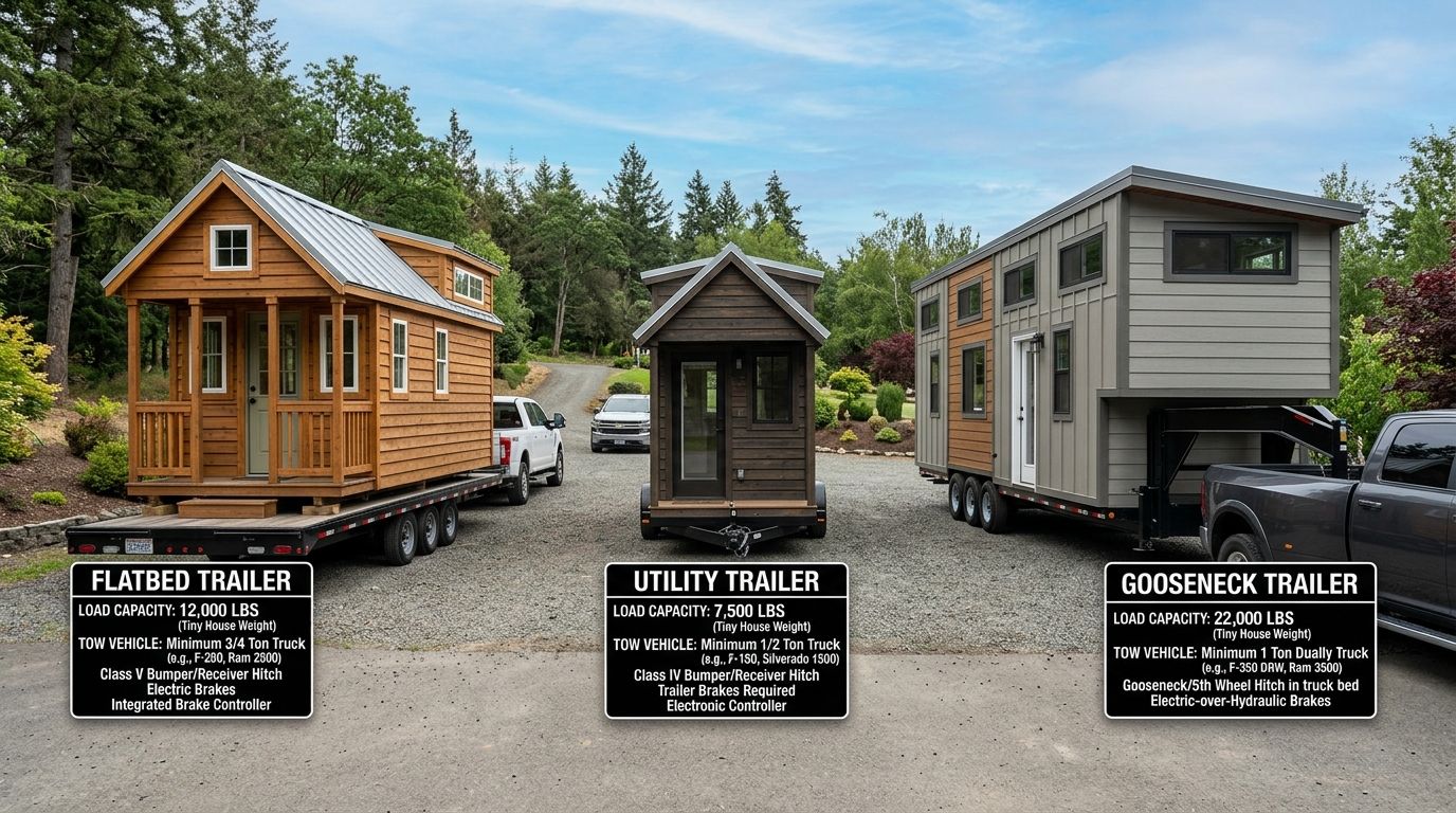 Comparison of flatbed, utility, and gooseneck trailers with tiny house designs.